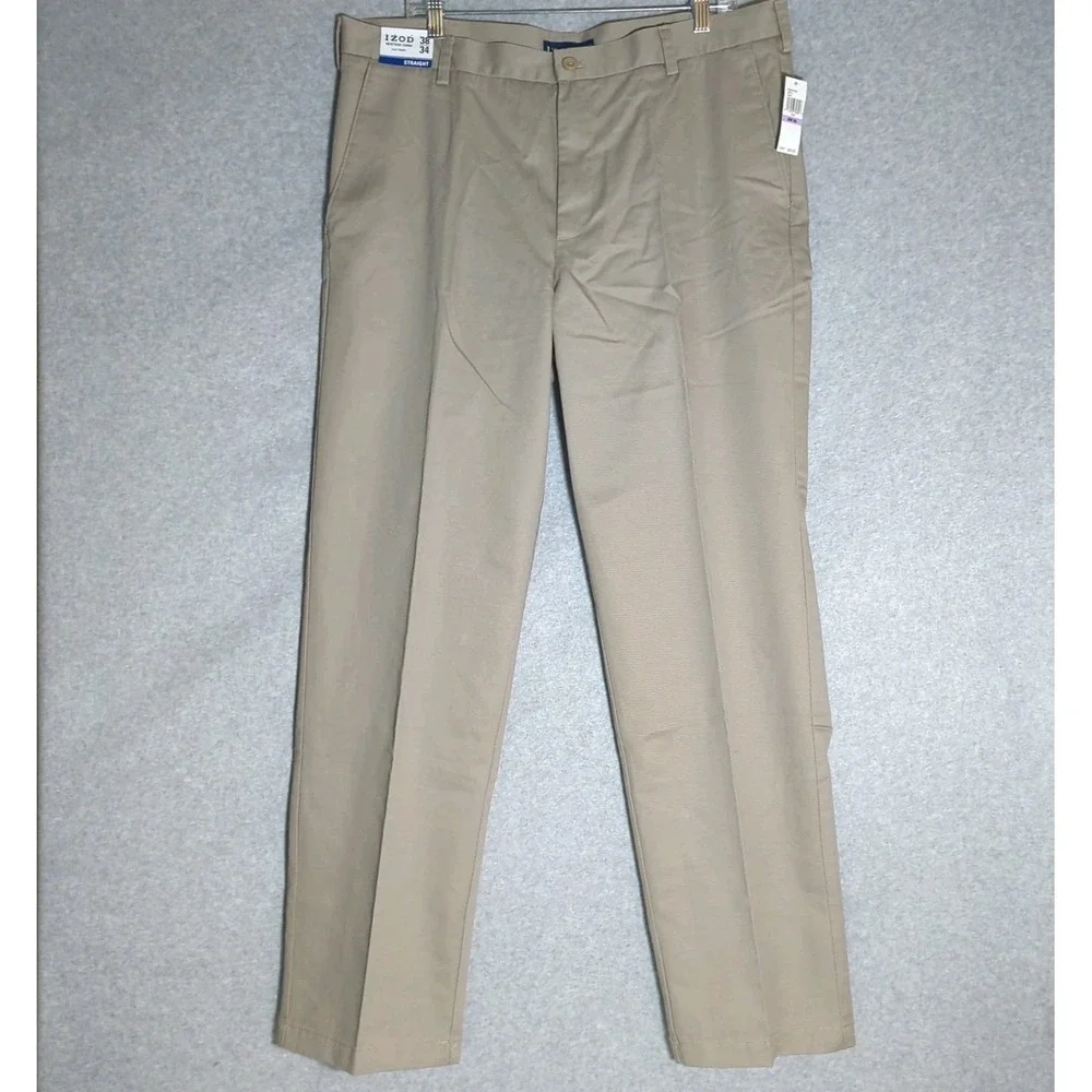 Izod Heritage Chino Pants Mens 38x34‎ Beige Straight Fit Flat Front Wrinkle Free